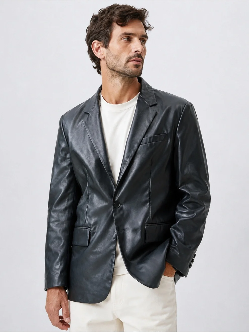 Zara Men’s Faux Leather Blazer Black Size Large Single Button Jacket