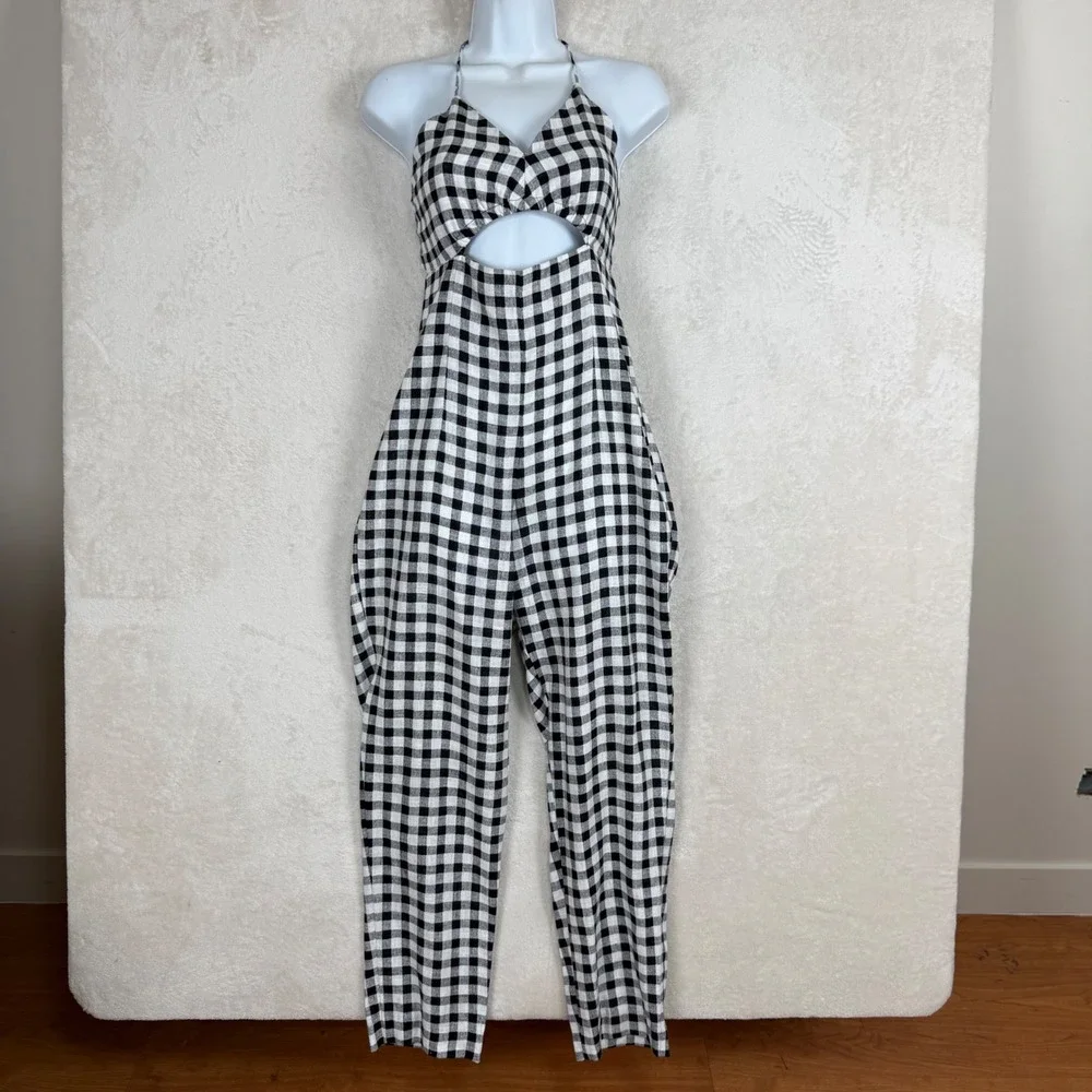 Zara Womens Small Black White‎ Gingham Halter Cutout Linen Blend Jumpsuit Small