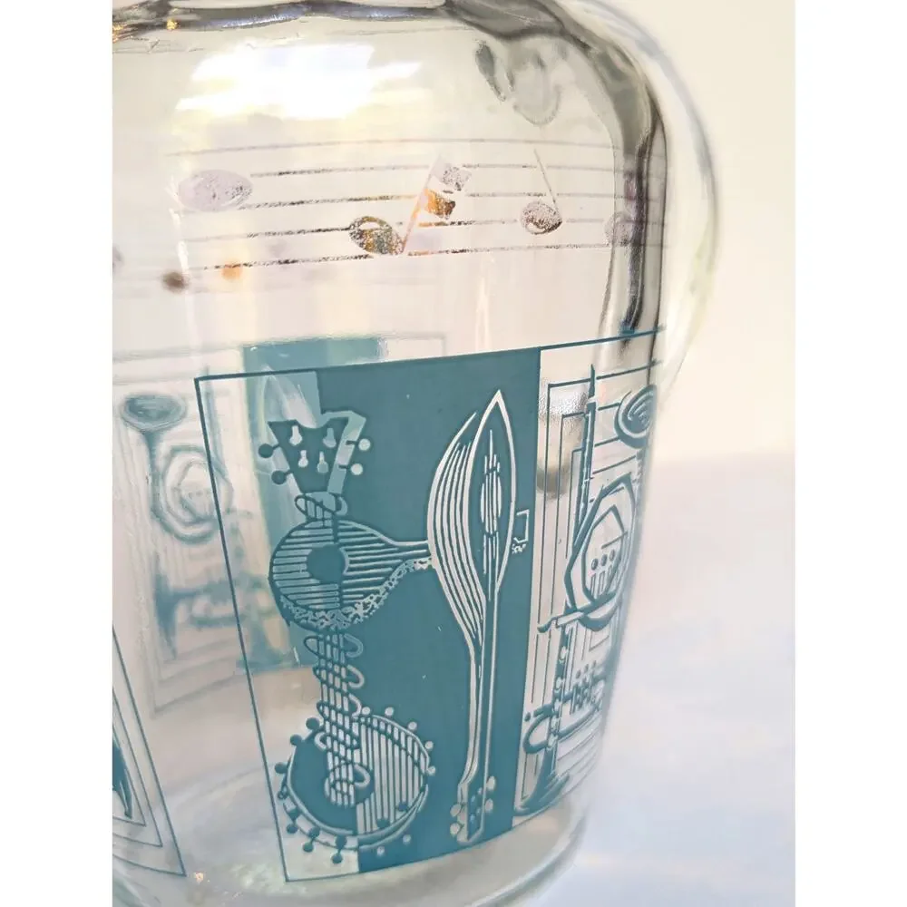 RARE Vintage MCM Glass Pitcher w/ Aqua & Gold Musical Instruments & Notes