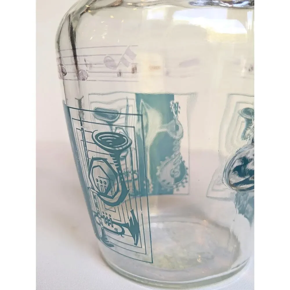 RARE Vintage MCM Glass Pitcher w/ Aqua & Gold Musical Instruments & Notes