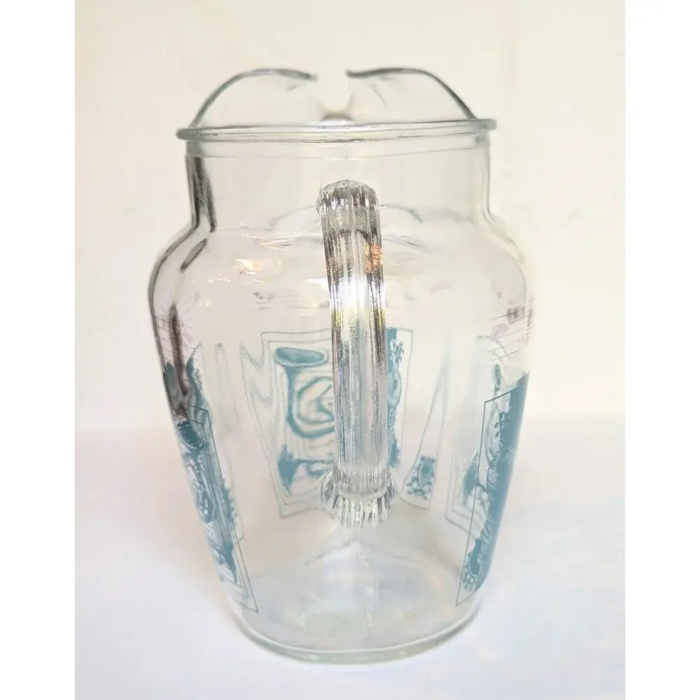 RARE Vintage MCM Glass Pitcher w/ Aqua & Gold Musical Instruments & Notes