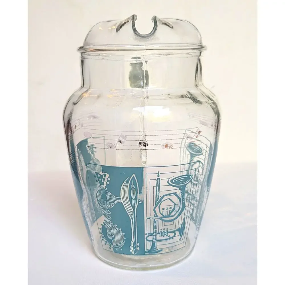 RARE Vintage MCM Glass Pitcher w/ Aqua & Gold Musical Instruments & Notes
