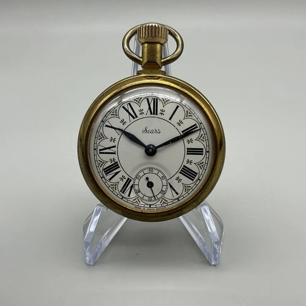 Vintage Sears Pocket Watch Men 50mm White Dial Gold Tone Train Case Manual Runs
