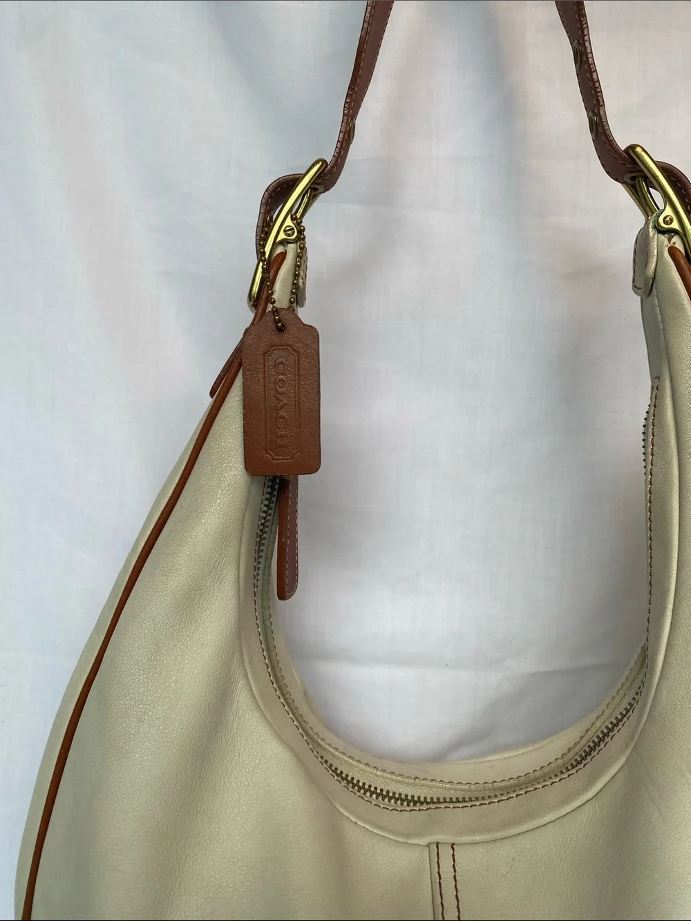 Coach 9591 Zoe Cream Leather Hobo with Tan Trim and Shoulder Strap