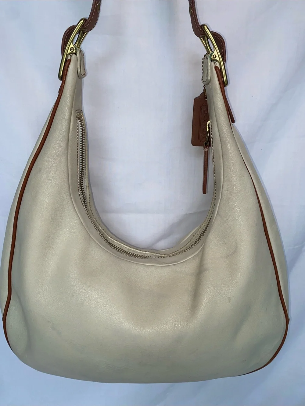 Coach 9591 Zoe Cream Leather Hobo with Tan Trim and Shoulder Strap