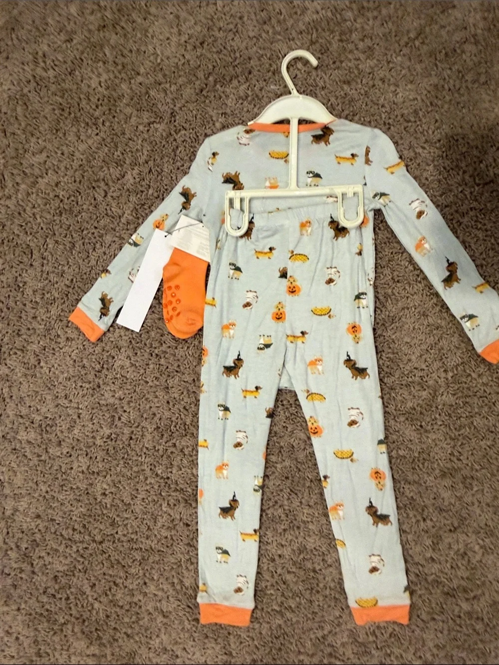 Kids' Light Blue Halloween Puppy Pajama Set with Orange Trim