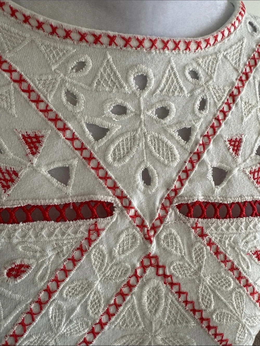Anthropologie White Eyelet Blouse with Red Embroidery