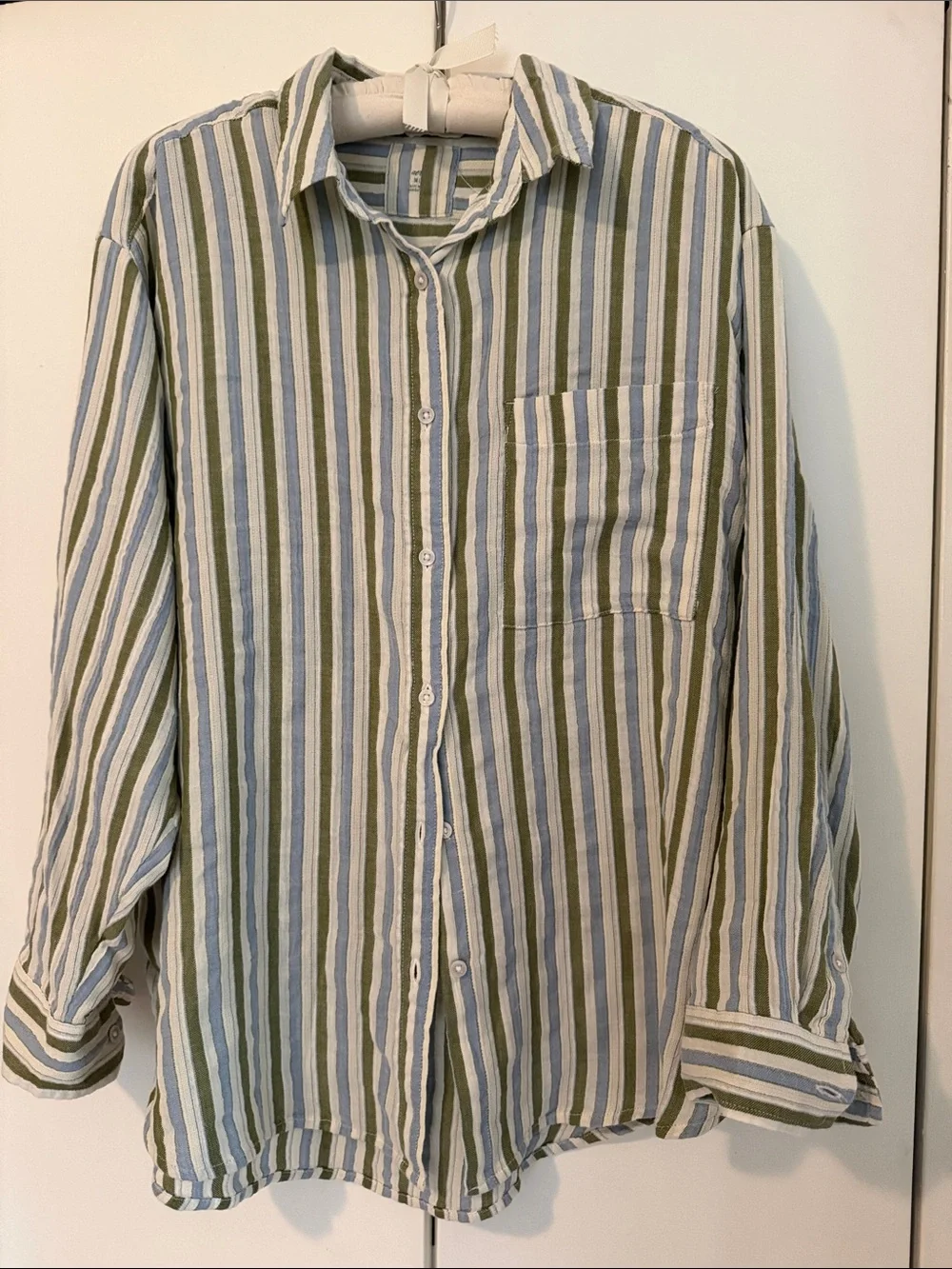 aerie Olive Green, Blue and White Striped Button-Down Shirt (NWT)