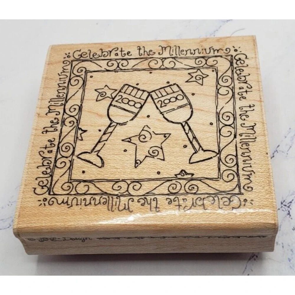 Celebrations Framed Stars and Champagne JRL Design Wood Mounted Rubber Stamp