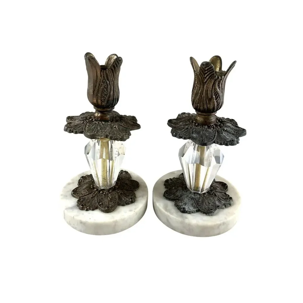 Marble Candlestick Holders Bronze A.B. Moulds Intricate Floral Pair 7