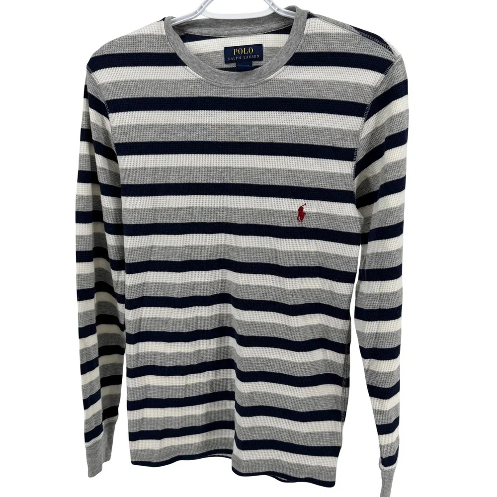 Polo Ralph Lauren Mens Small Sleepwear Thermal Shirt Striped Waffle Knit Grey S