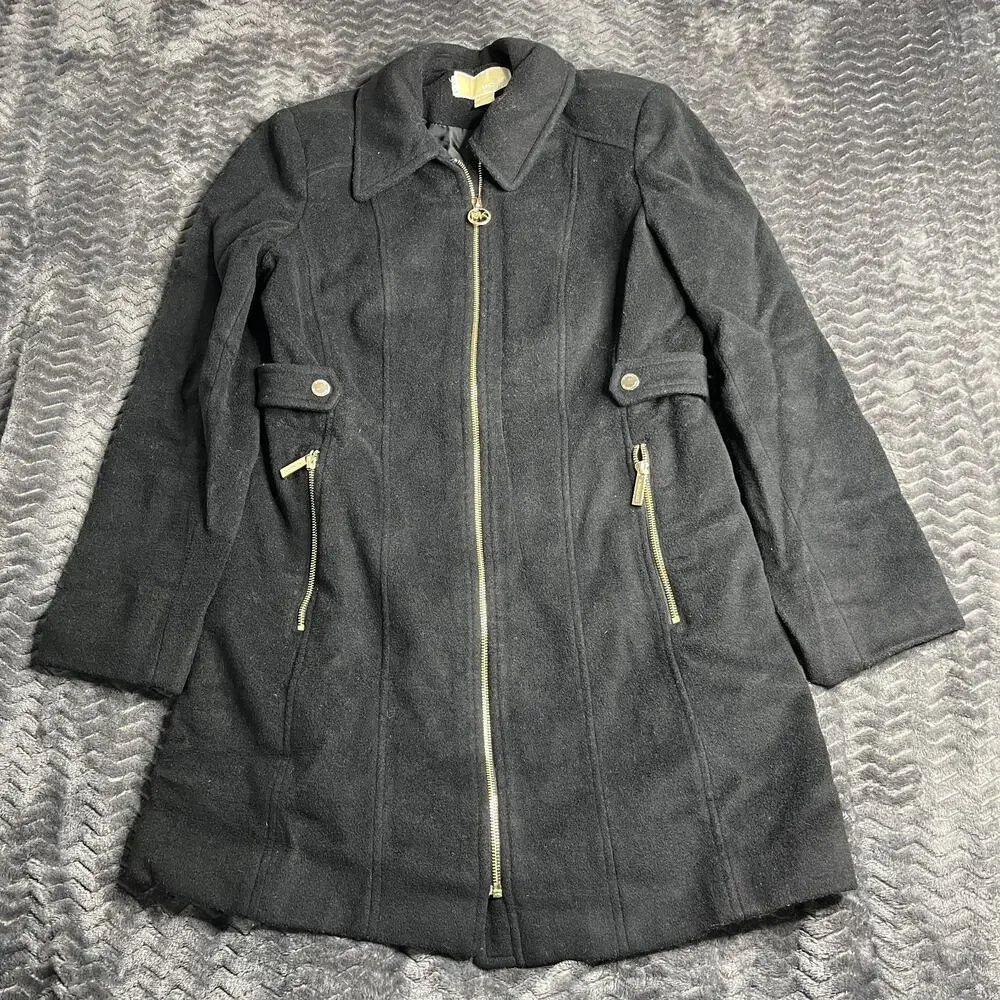 Michael Michael Kors Black Collar Zip Wool Blend Coat Womens Size Small
