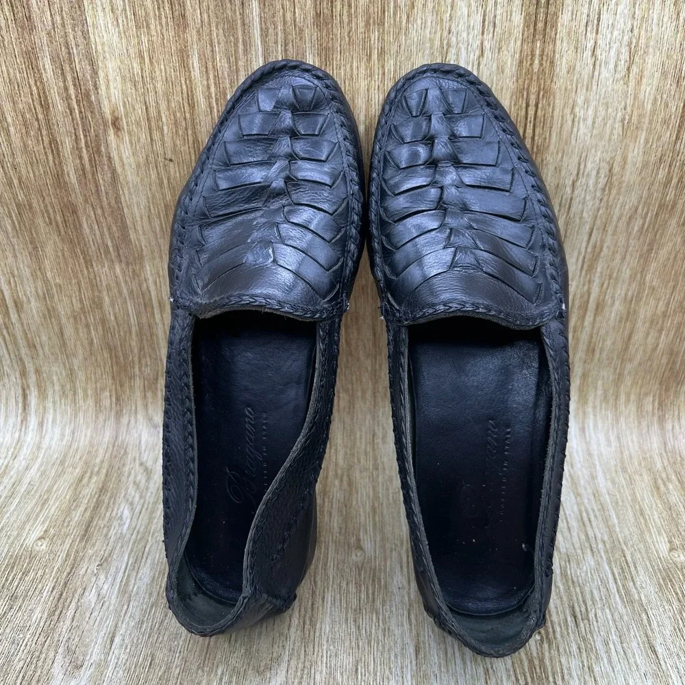 Bragano Woven Loafers Men's Size 9 Black Leather Italian Crafted Slip On Shoes