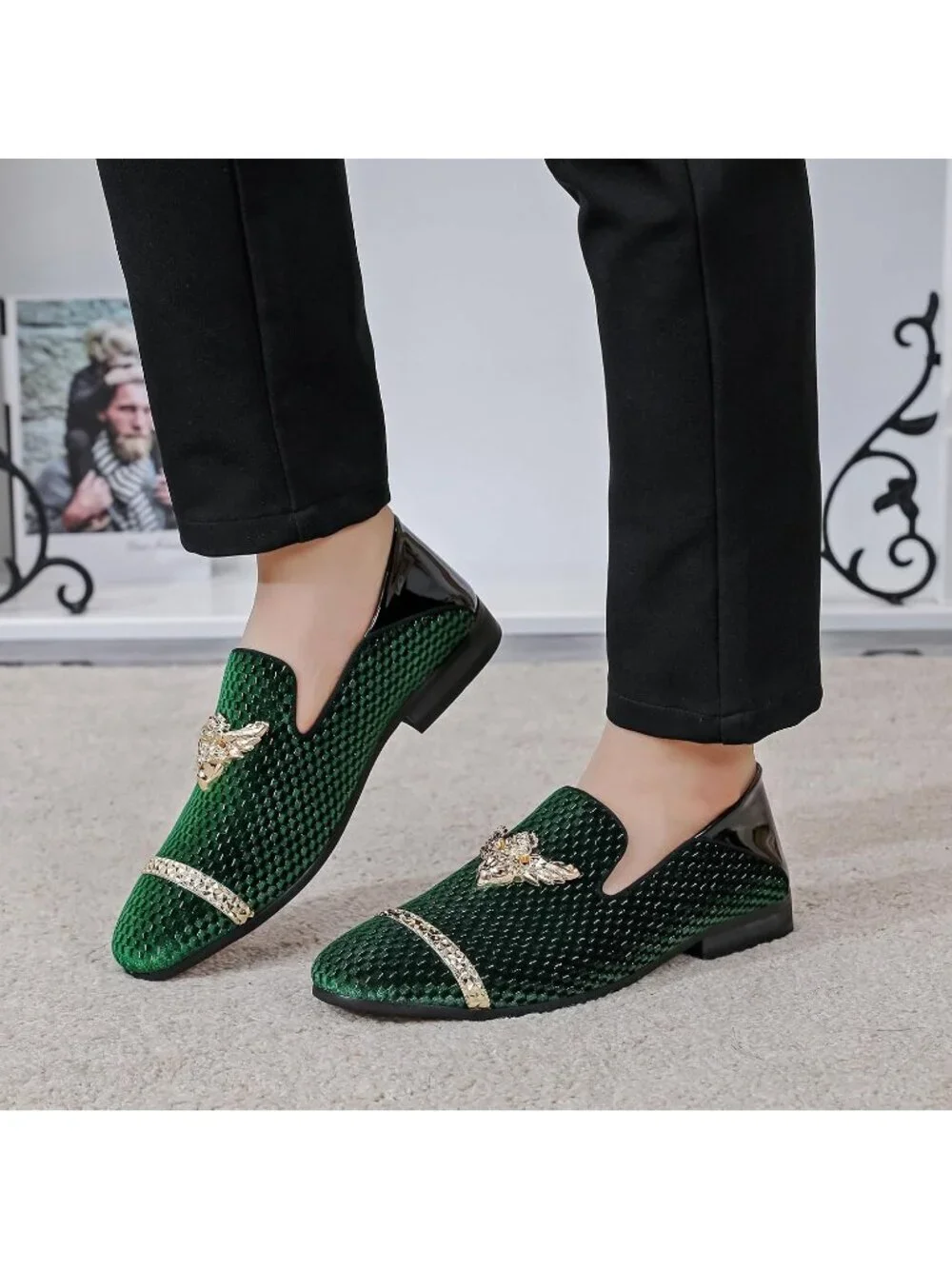 FQEQNQG Men's Green Velvet Loafers Metal Buckle Shiny Slip On Classic Shoes