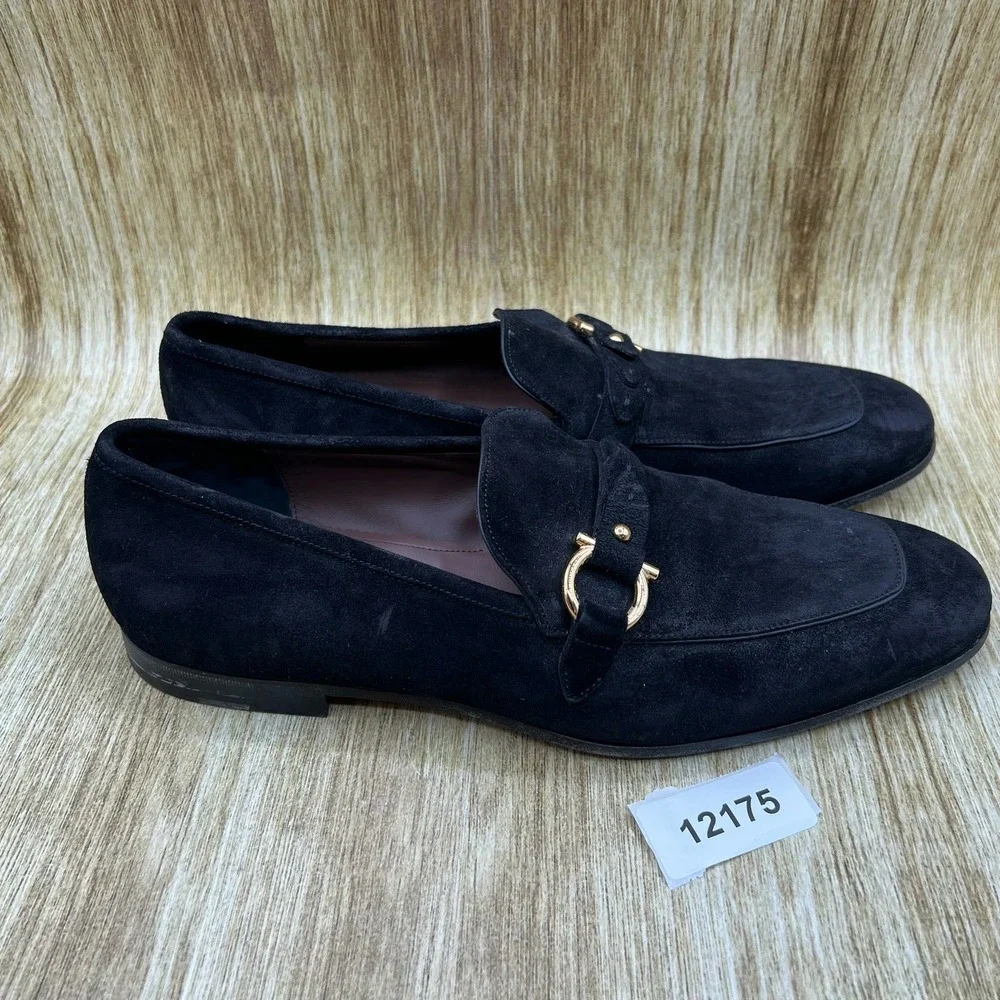 Salvatore Ferragamo Gancini Loafers Men's Size 9 E Black Suede Gold Hardware