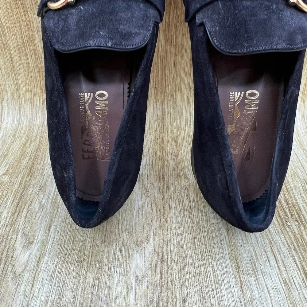 Salvatore Ferragamo Gancini Loafers Men's Size 9 E Black Suede Gold Hardware