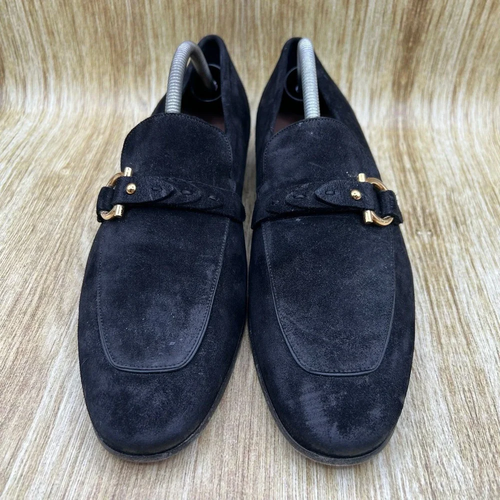 Salvatore Ferragamo Gancini Loafers Men's Size 9 E Black Suede Gold Hardware