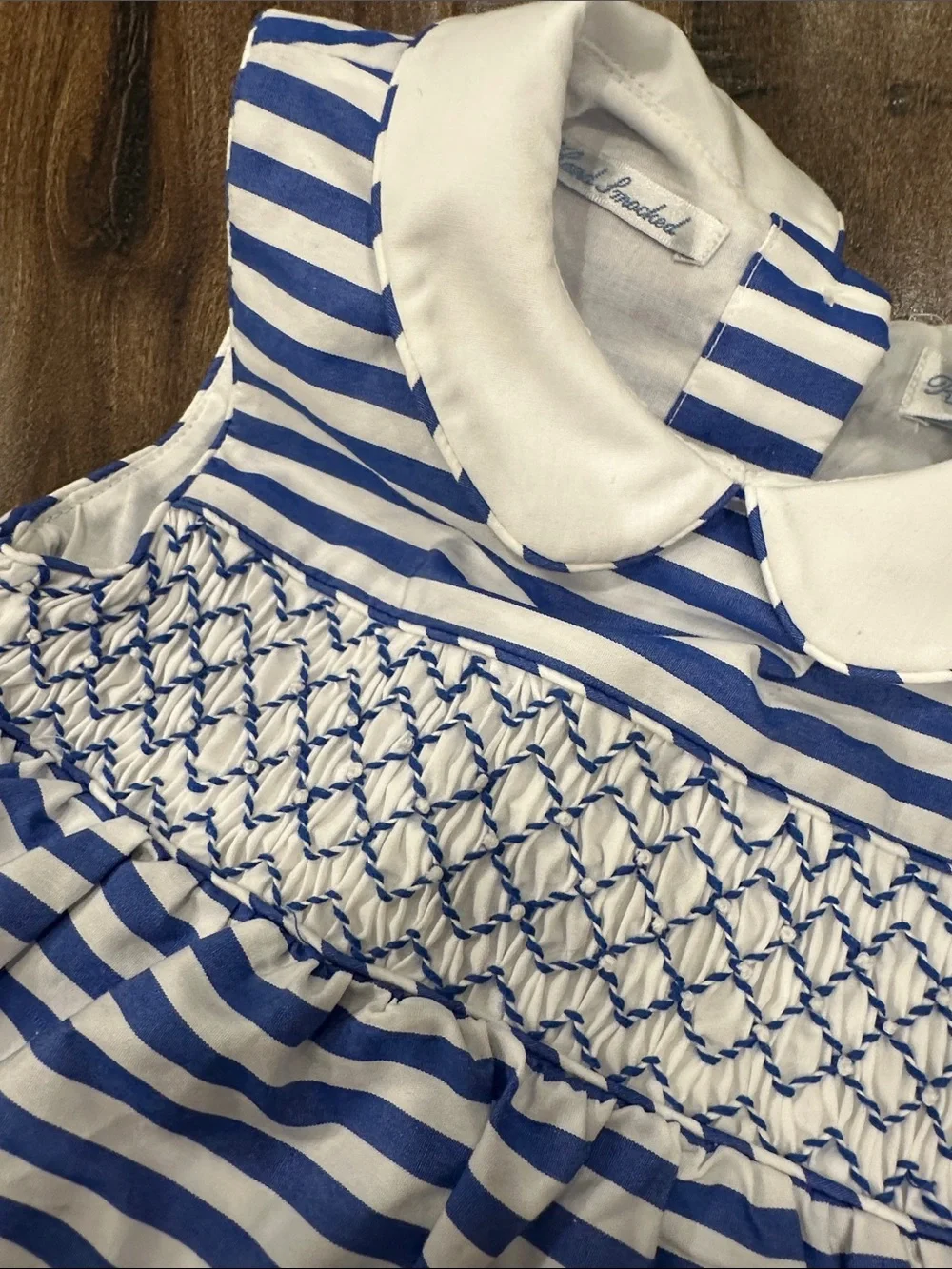NWT Ralph Lauren Baby 18M Hand Smocked Dress /Sun Hat Blue Stripe Organic Cotton