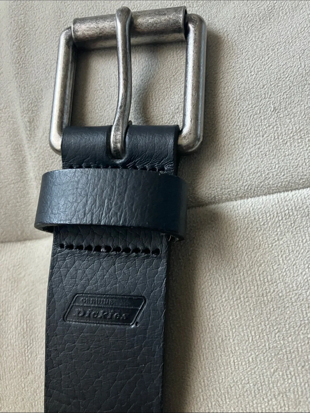 Dickies Black Leather Belt with Distressed Silver Buckle