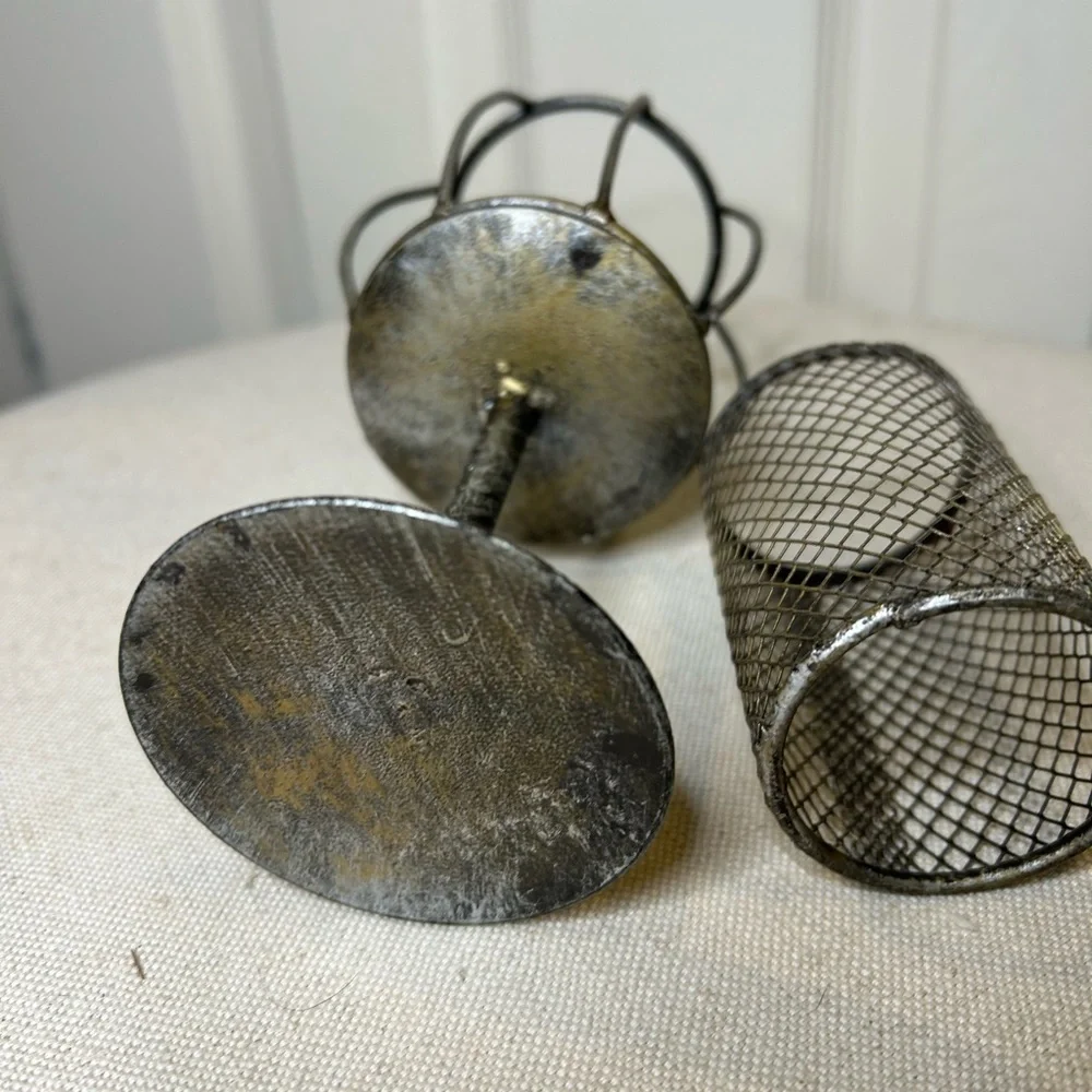 Silver Metal Votive Candle Holder With Round Base Removable Wire Mesh Surround