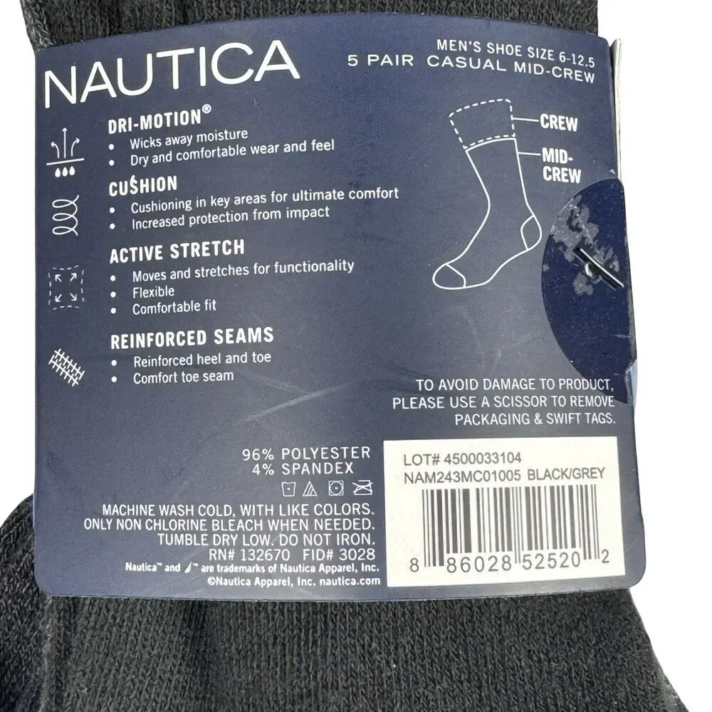 Nautica Mens Size 6-12.5 Mid-Crew Socks 5-Pairs Dri-Motion Active Stretch New