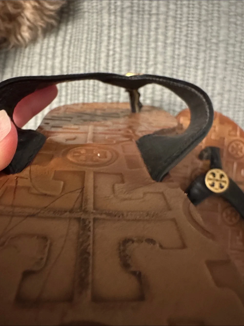 Tory Burch Black Leather Flip Sandals with Gold Logo Medallion