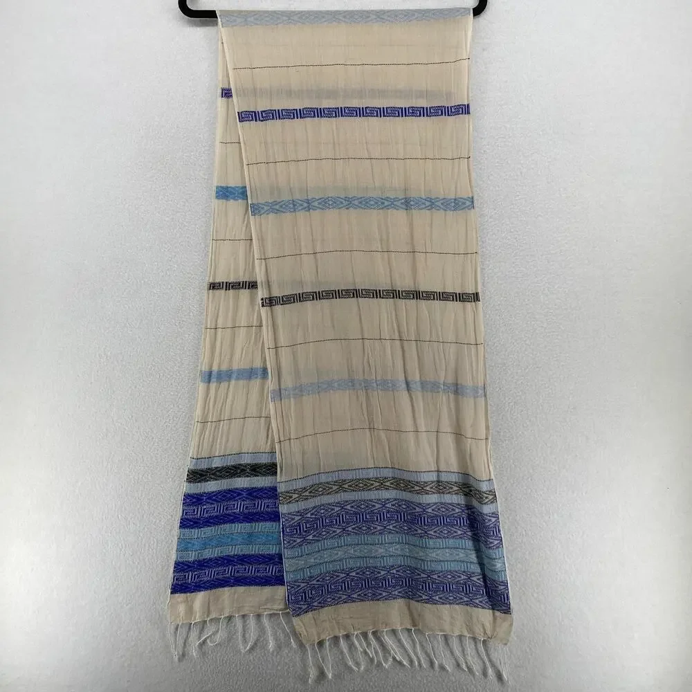 EILEEN FISHER Scarf OS Organic Cotton Fringed Wrap Southwestern Beige Blue