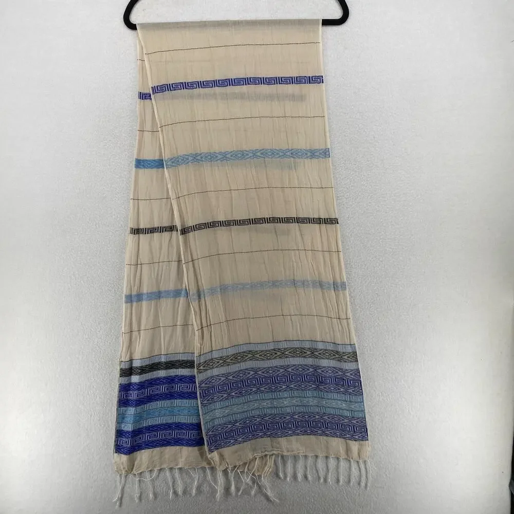 EILEEN FISHER Scarf OS Organic Cotton Fringed Wrap Southwestern Beige Blue
