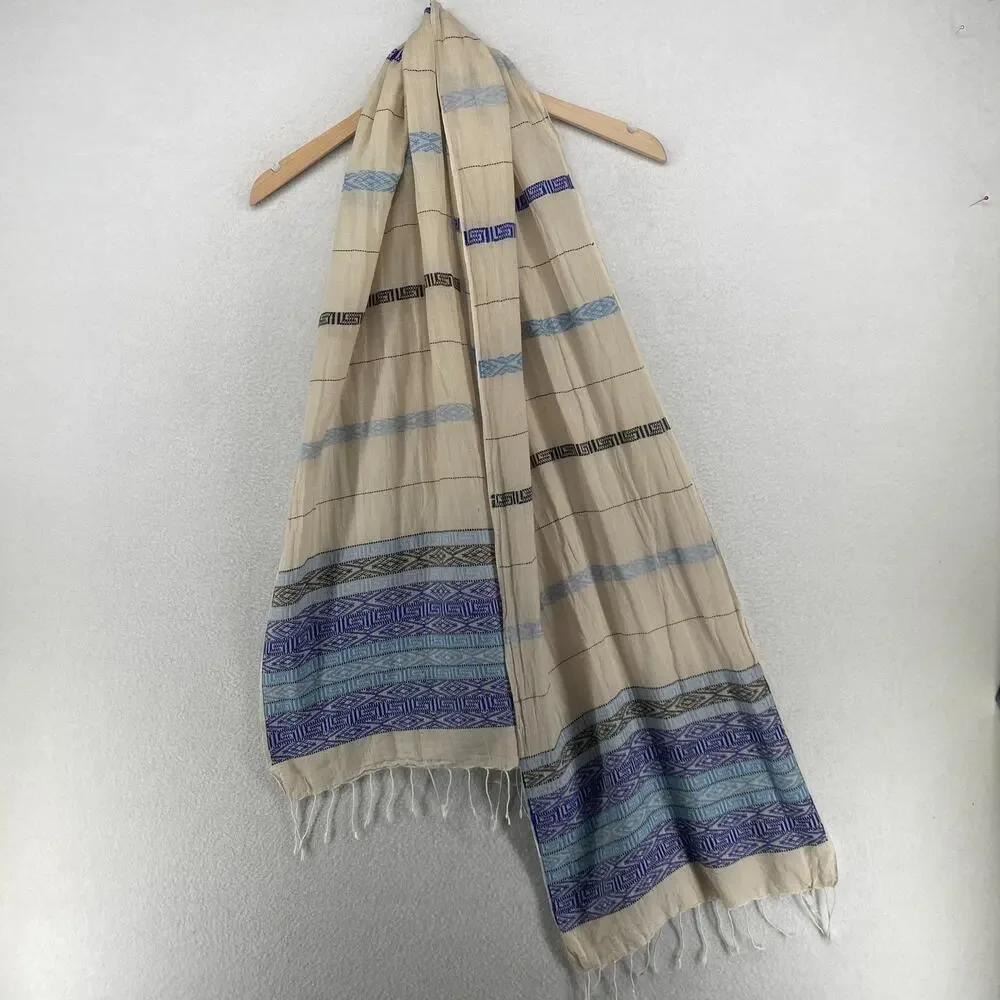 EILEEN FISHER Scarf OS Organic Cotton Fringed Wrap Southwestern Beige Blue