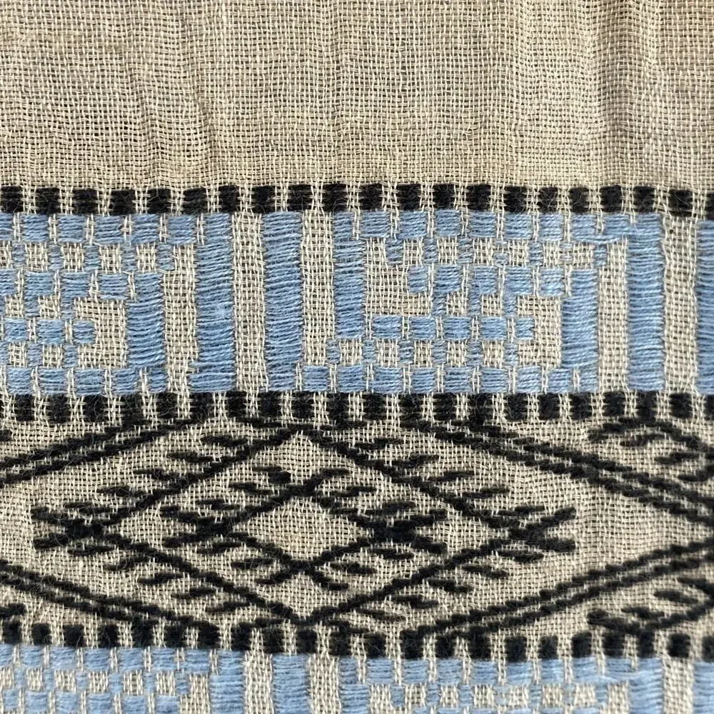 EILEEN FISHER Scarf OS Organic Cotton Fringed Wrap Southwestern Beige Blue