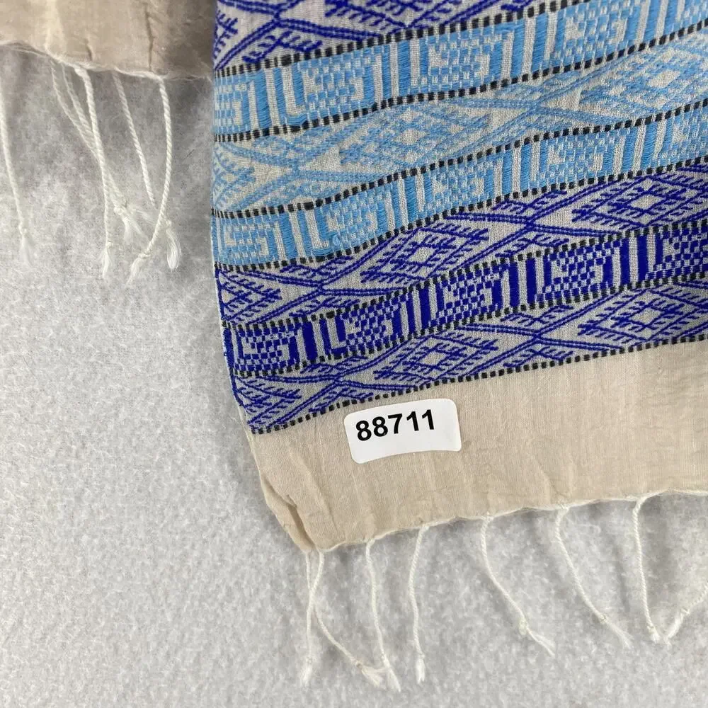 EILEEN FISHER Scarf OS Organic Cotton Fringed Wrap Southwestern Beige Blue