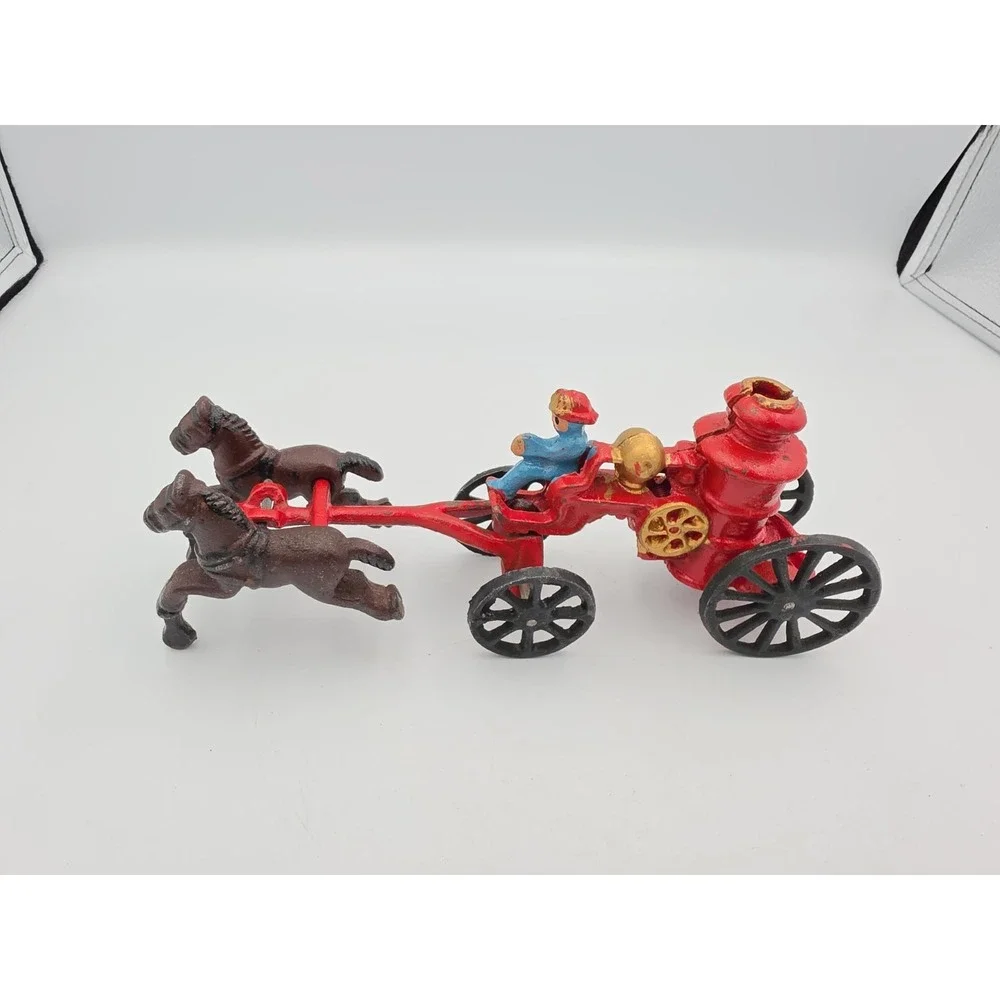 Vintage Cast Iron Horse Drawn Fire Pumper Toy Red Fire Engine Collectible