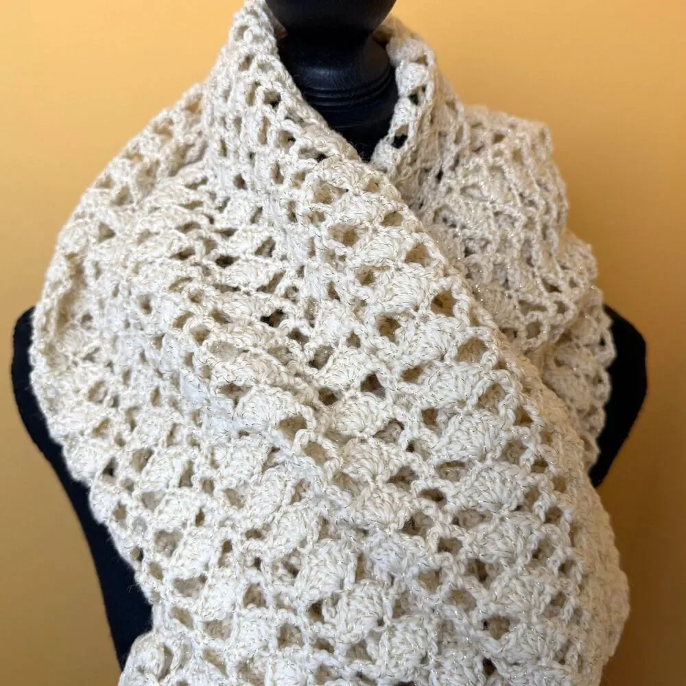 Vintage 70s Handmade Crochet Lace Scarf Cream Ivory Gold Metallic Shimmer Fringe