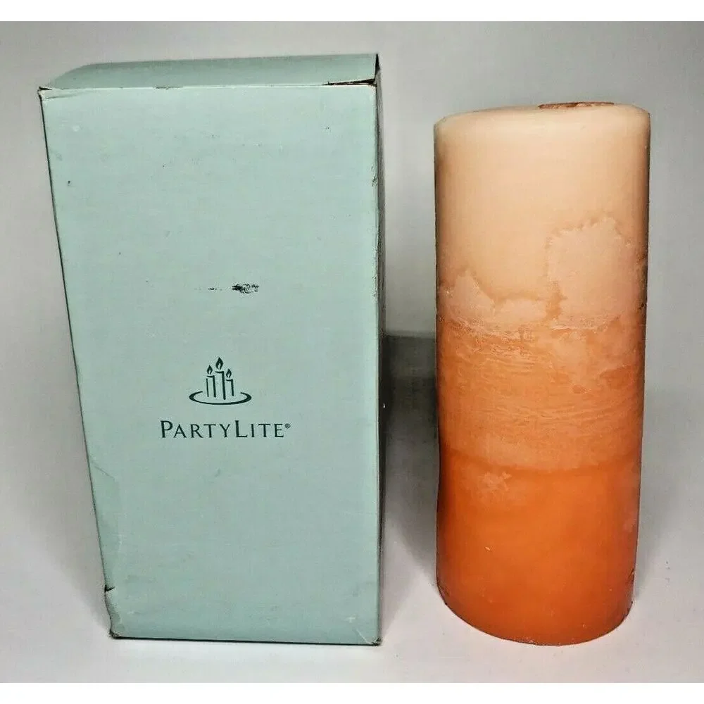 PartyLite Mottled Layered 3 x 7 Pillar‎ Candle New Box Orange Kumquat P6C/M37310