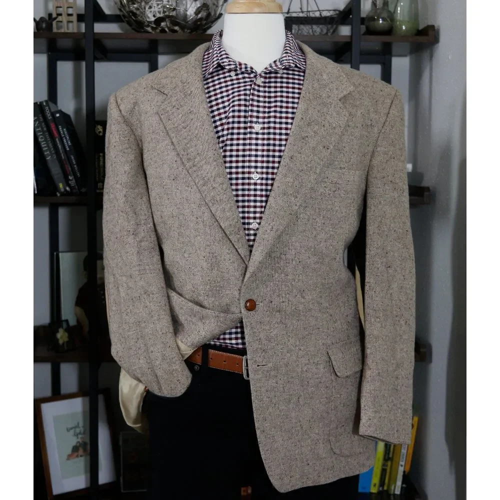 VTG Farah Men's‎ Blazer Jacket Two Button Beige Wool Elbow Patch Size 46 Long
