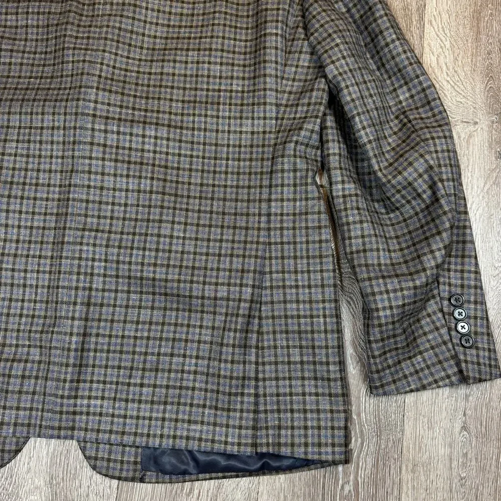 Hickey Freeman 46R Gingham Check Linen Wool Blend Blazer Sport Coat Brown Blue