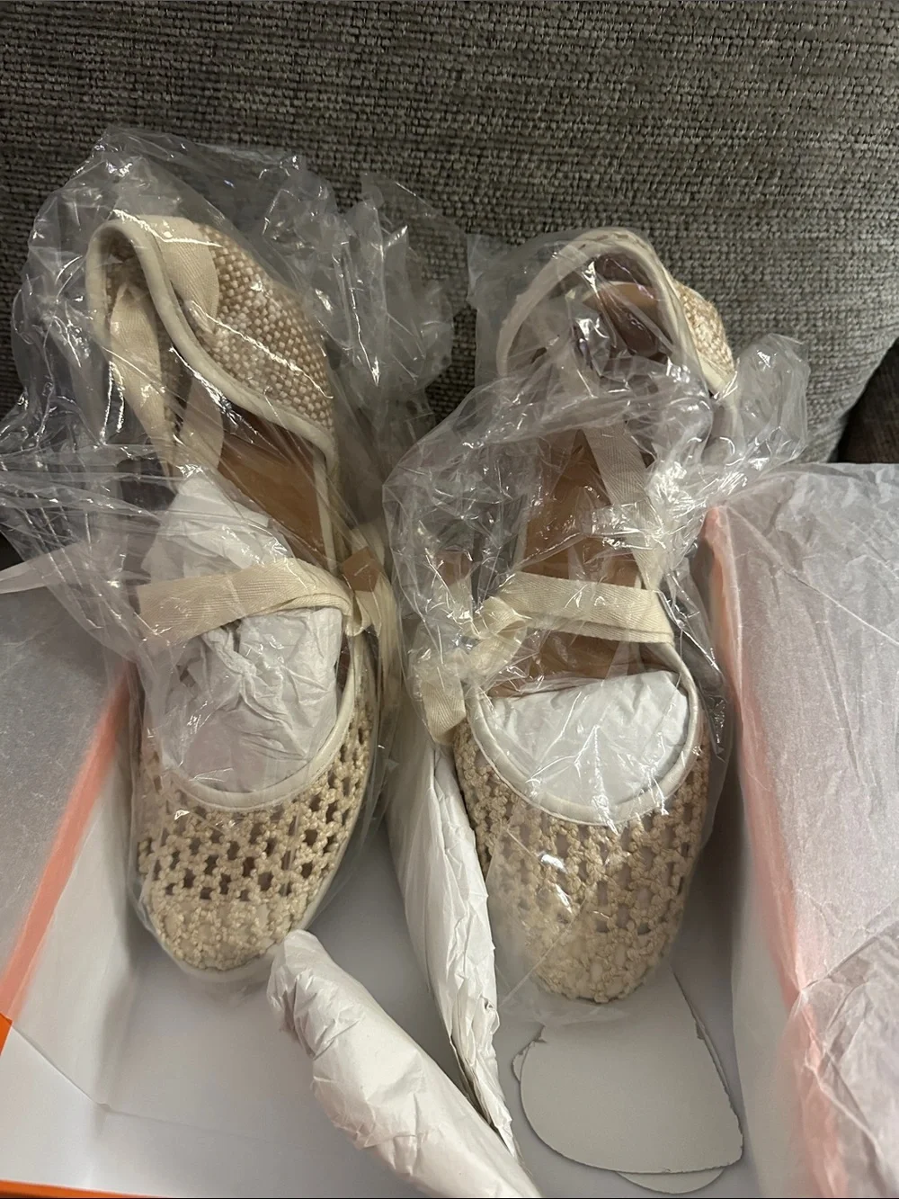 Castaner Cream Woven Espadrille Ballet Flats with Ribbon Ties