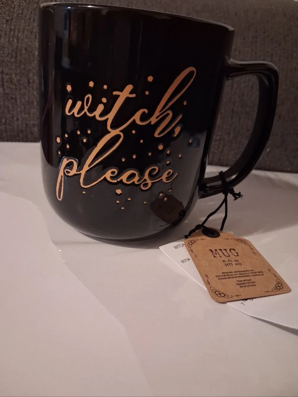 Black Ceramic Mug with Rose Gold 'witch, please' Script