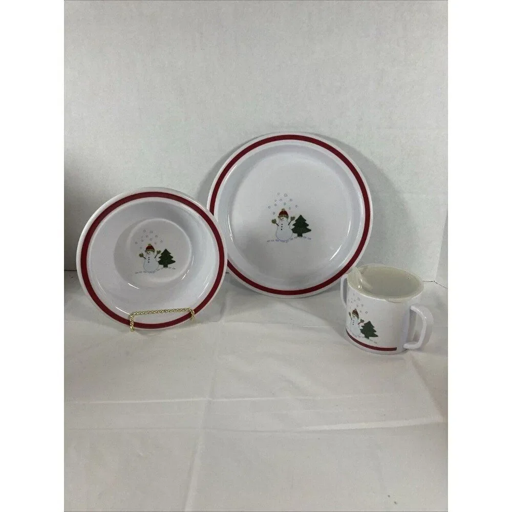 Pottery Barn Kids Snowman Plate Bowl Sippy Cup Christmas Holiday Plastic In Box