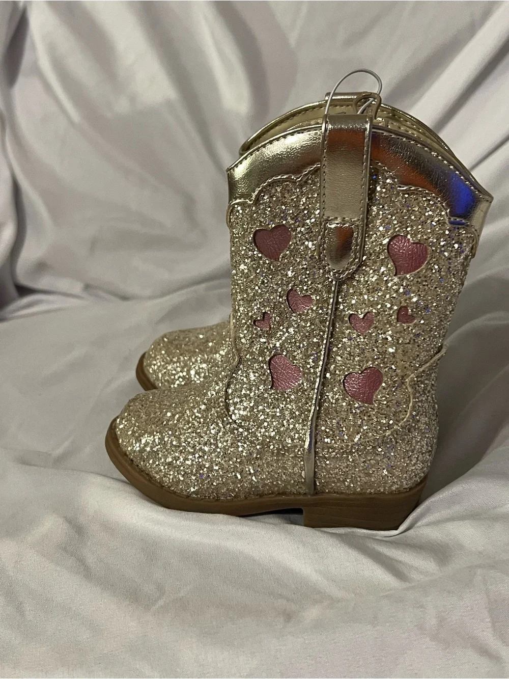 Cat & Jack Gold Glitter Heart Cowboy Boots with Pink Hearts