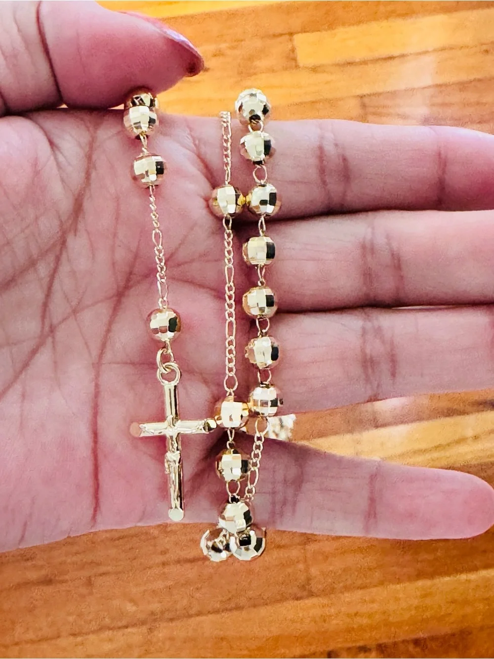14K Gold Plated Beaded Rosary Necklace with Virgin Mary pendant. New