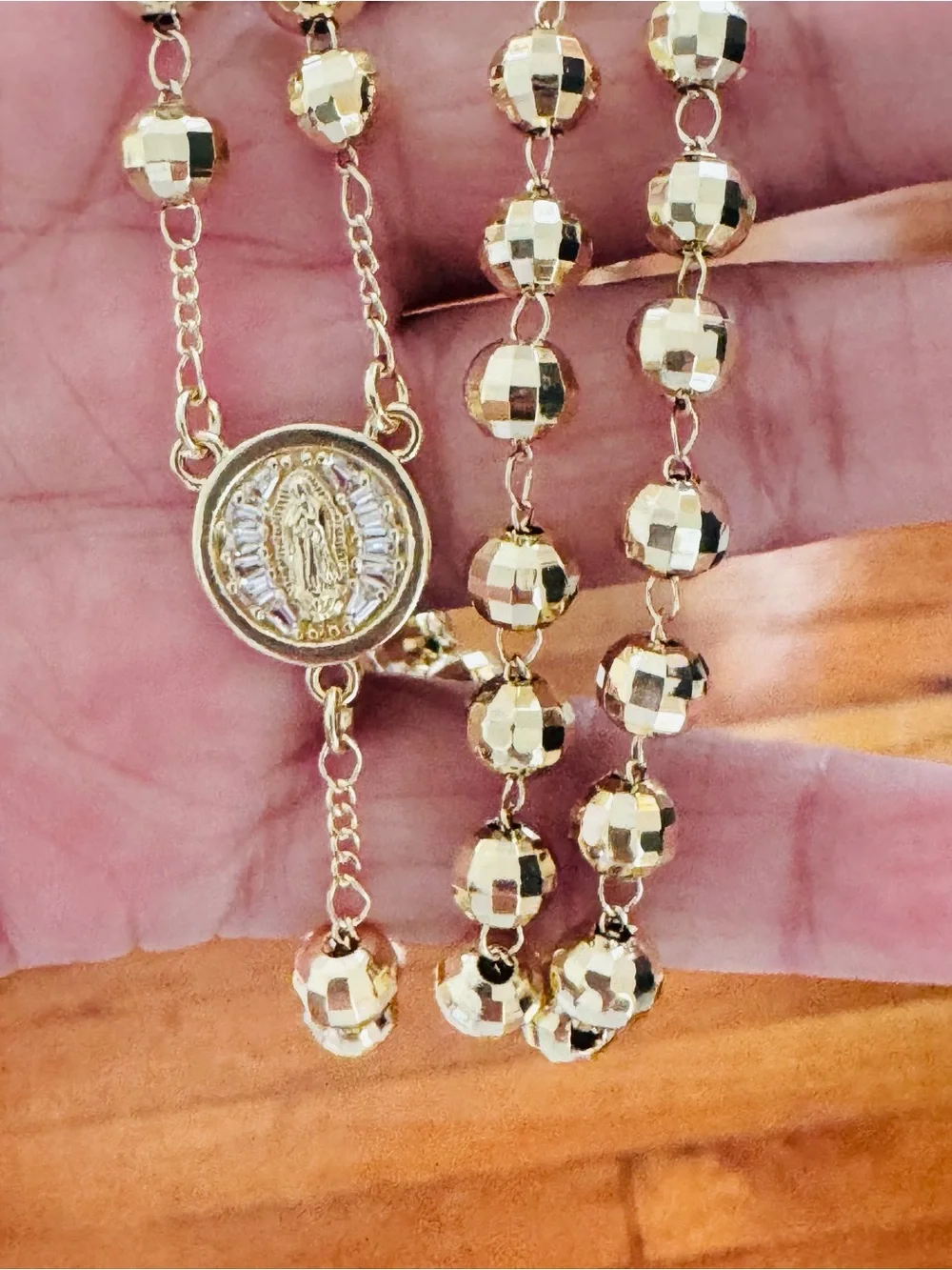 14K Gold Plated Beaded Rosary Necklace with Virgin Mary pendant. New