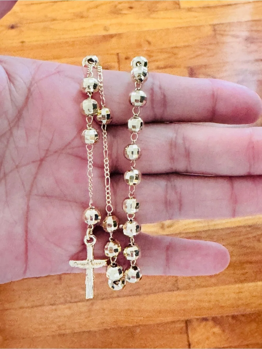 14K Gold Plated Beaded Rosary Necklace with Virgin Mary pendant. New