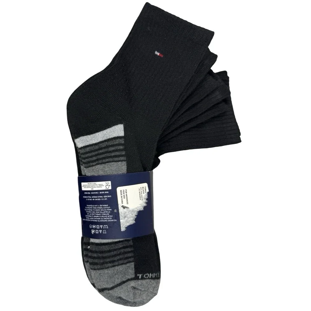 Tommy Hilfiger Mens Size 7-12 Socks 6 Pair Cushion Quarter Cut Stripe Black New