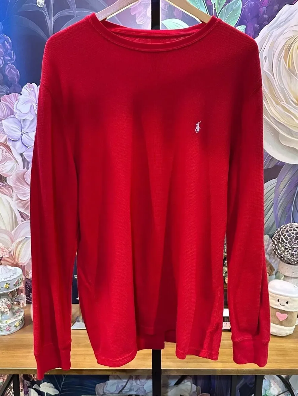 Polo Ralph Lauren Men's XL Thermal Waffle Knit Pajama Shirt Long Sleeve Red Logo