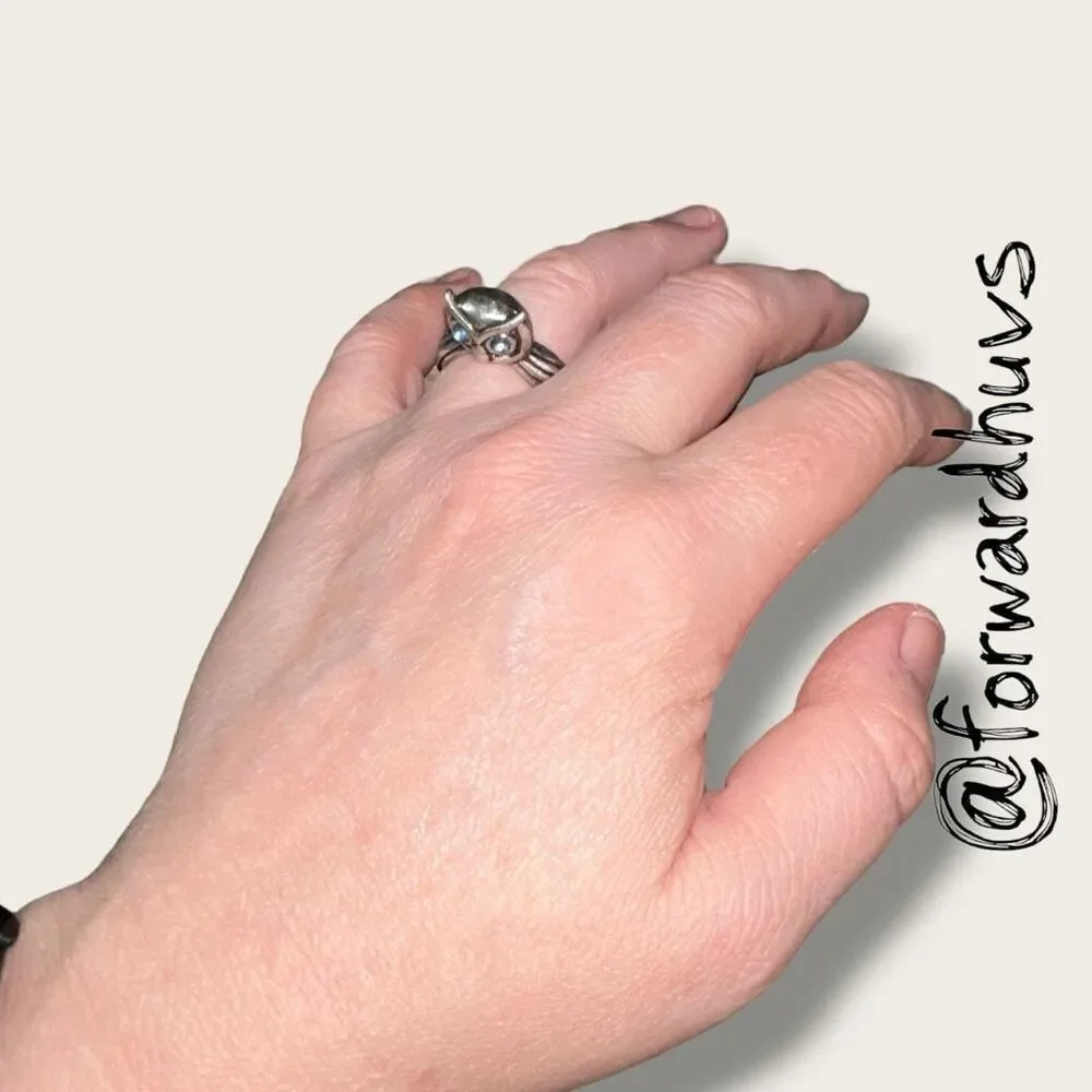 Owl Ring With Sapphire Blue Rhinestone Eyes Size 7.5
