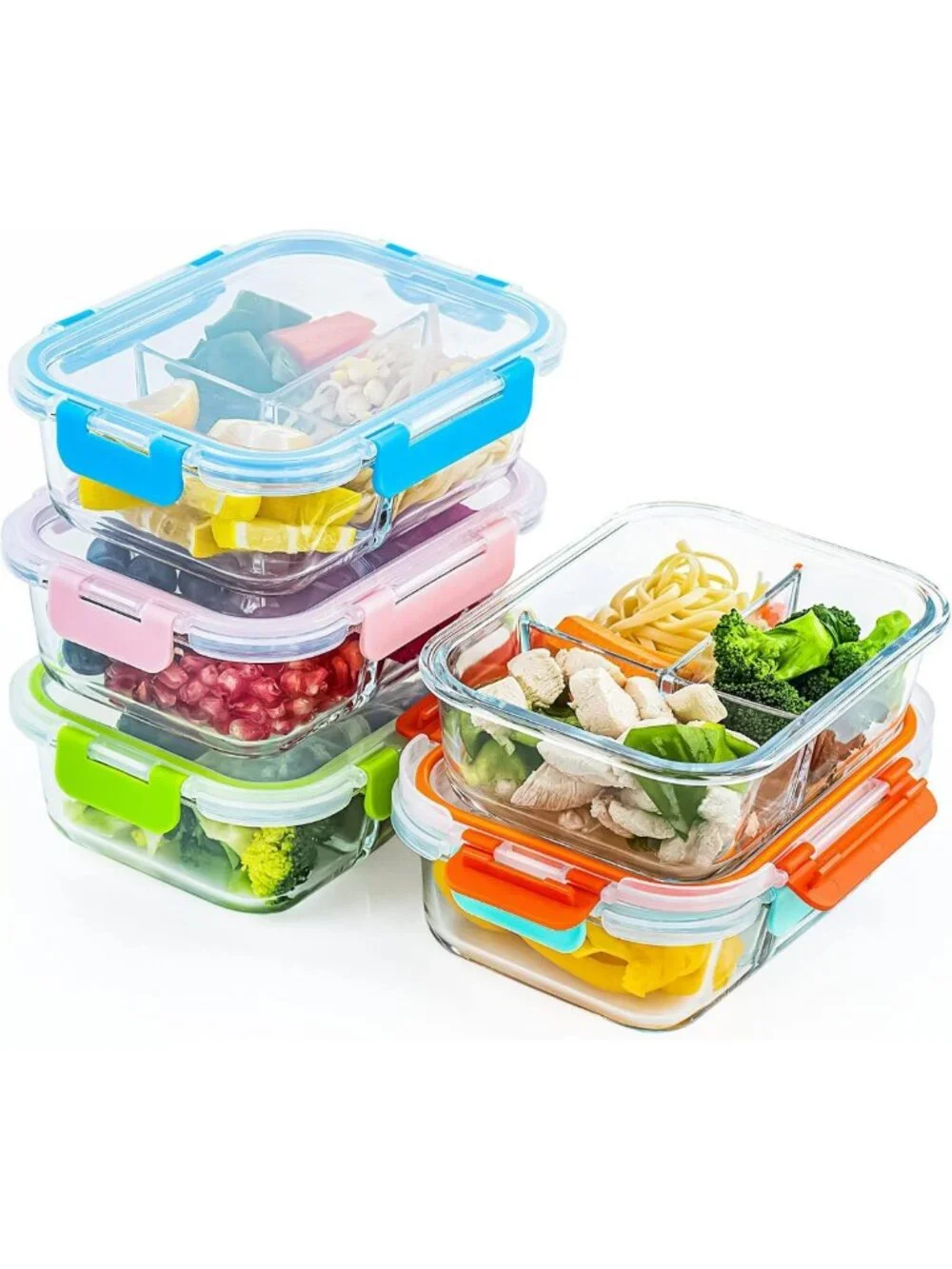Glass Meal Prep Containers with Lids - 3 Compartment, 5 Pack, 36oz - BPA Free