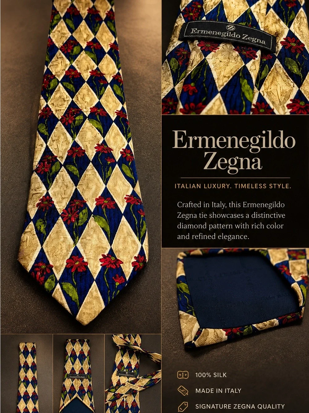 Ermenegildo Zegna Blue, Gold & Red Diamond Silk Tie