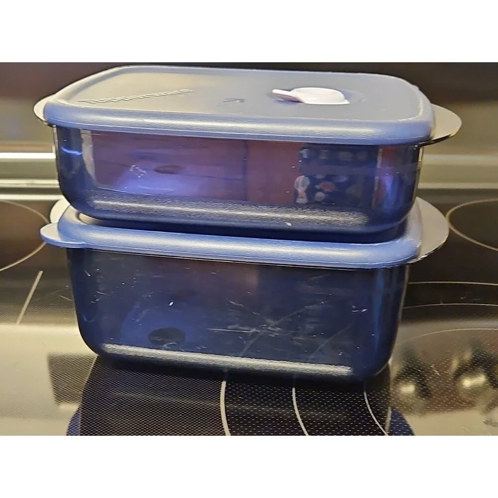 Set of 2 Tupperware Vent N Serve Medium Shallow / Medium Container Indigo Blue