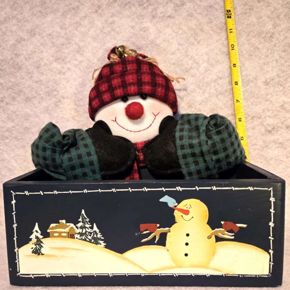 VTG 1996 Handpainted Wood Snowman Card Mail Holder Desk Organizer Winter Box